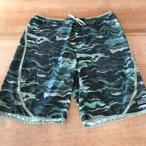 Wailoa Board Swim Shorts Men 40 Green Camouflage Tie Waist Zip Pocket Beach